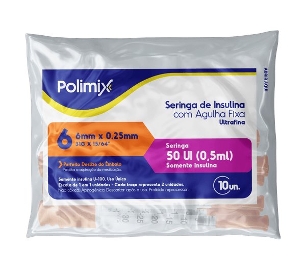Seringa para Insulina Polimix 50UI com Agulha 6mm - 10 Unidades